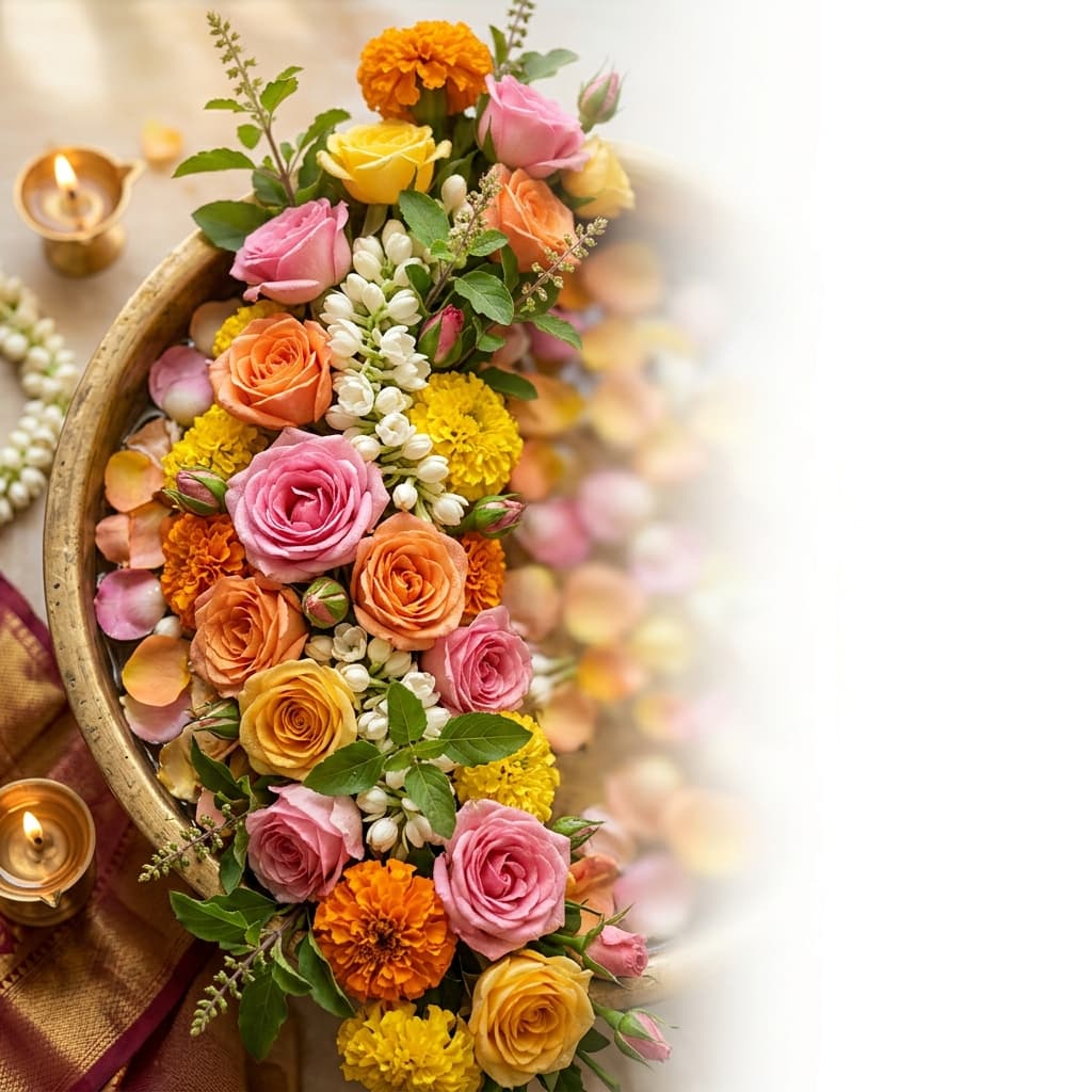 Fresh roses and jasmine temple flower arrangement