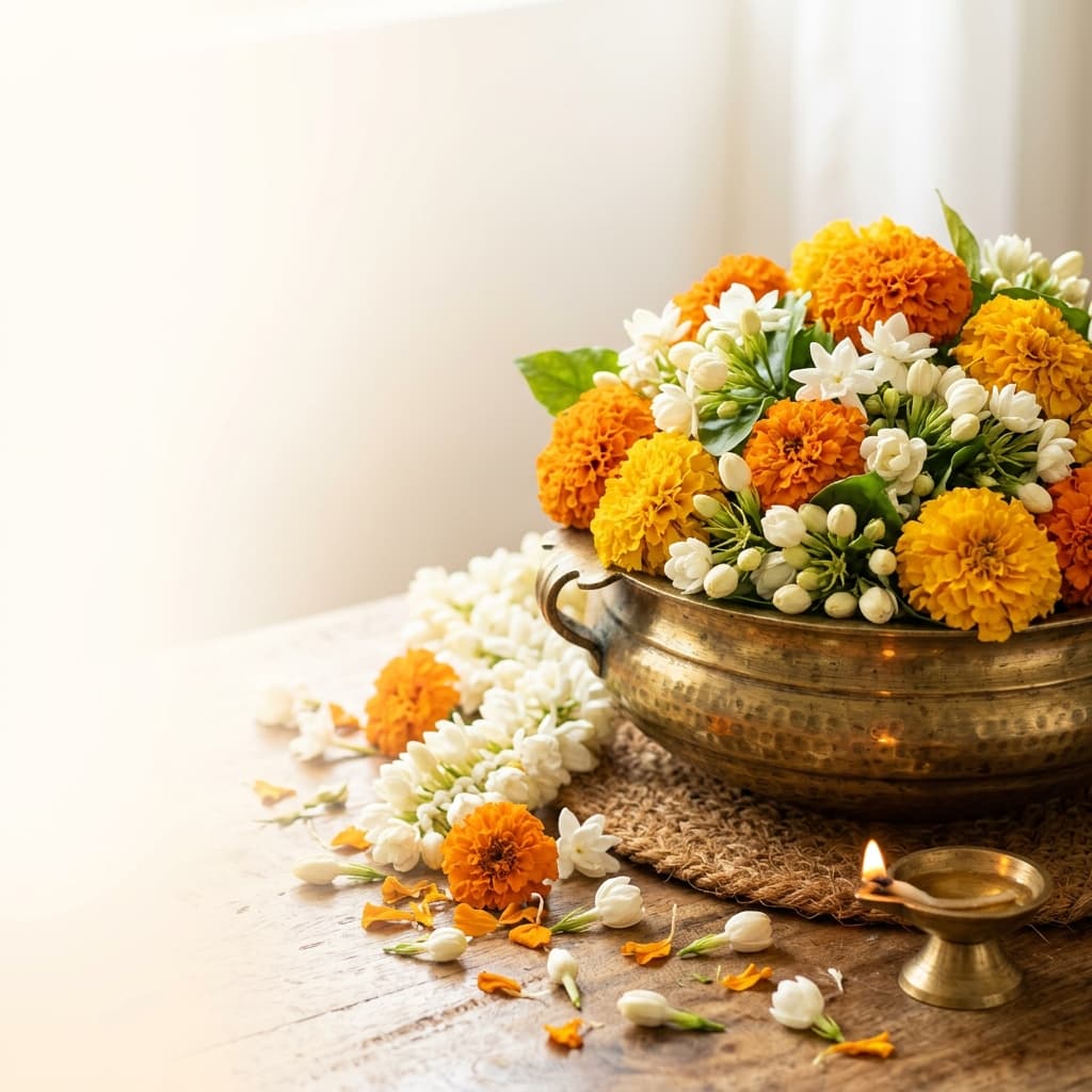 Marigold and jasmine in a brass pot